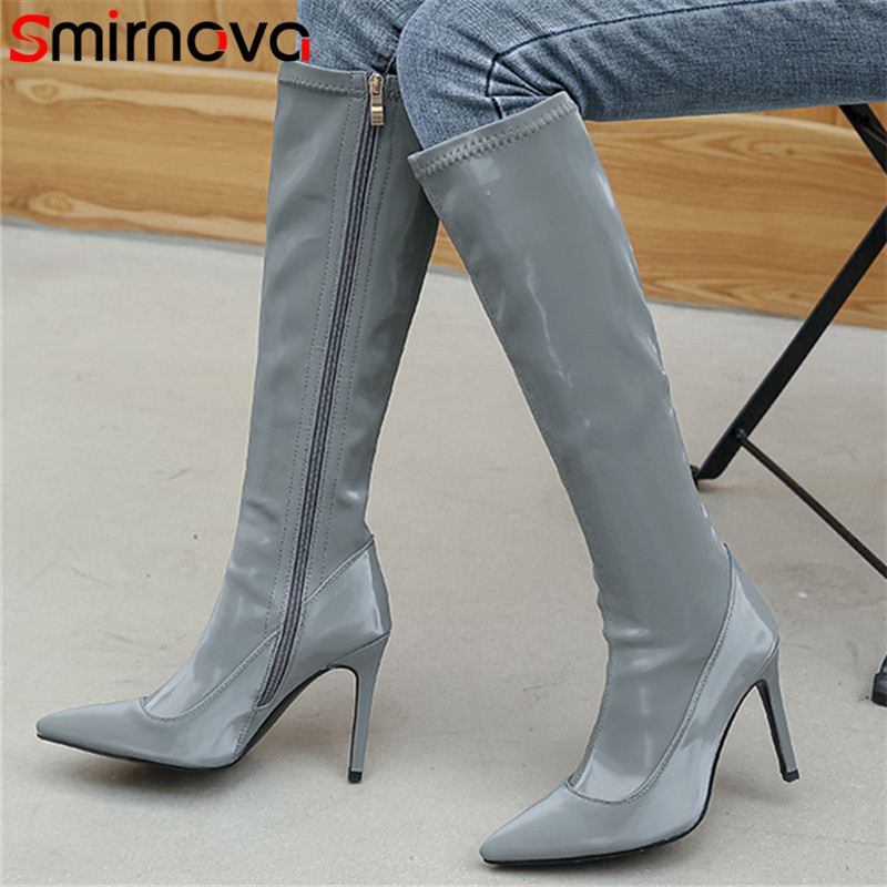 

Smirnova 2020 big size 45 hot sale knee high boots women pointed toe zip autumn winter slim long boots ladies thin high heels, Black