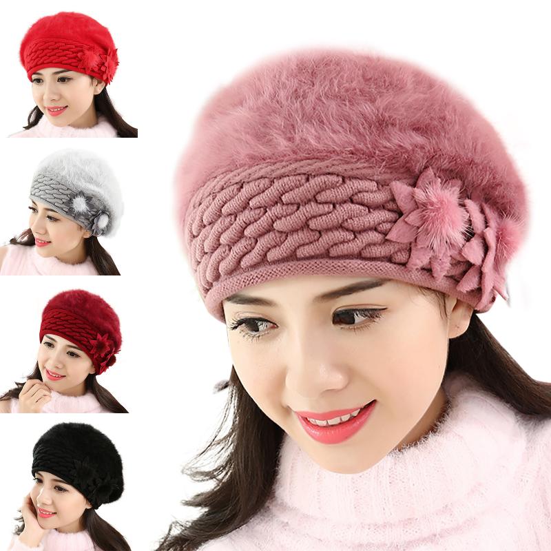 

2021 New Outdoor Women Beret Soft Knitted Thicken Warm Cap Winter Hats Crochet Beanies Hat Solid Fashion Female Cotton Cap, Red