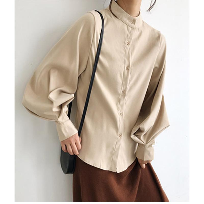 

Spring Women' Sirts 2020 Autumn Korea Japan Turtleneck Blouse Tops Simple Long-Sleeved Fashion Plain Office Lady Work Blouse, Blue