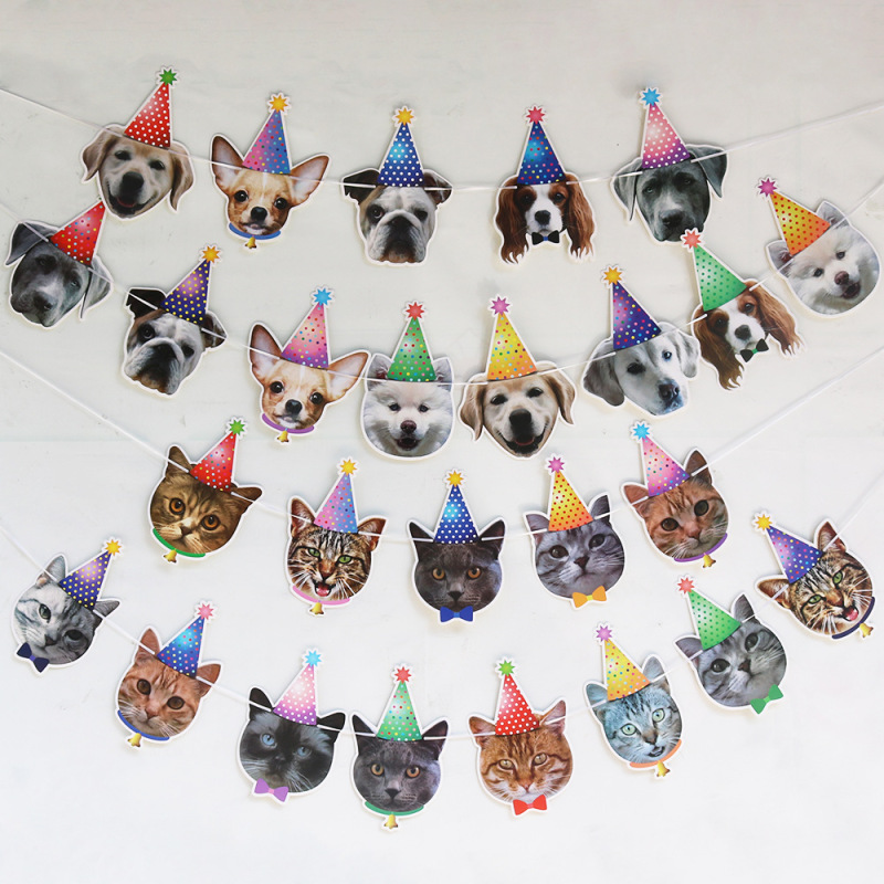 

Cartoon Cat Dog Pet Party Flag Banners Cute Dog and Cat Animal Face Banner Pull Flower Pet Birthday Theme Party Decorations