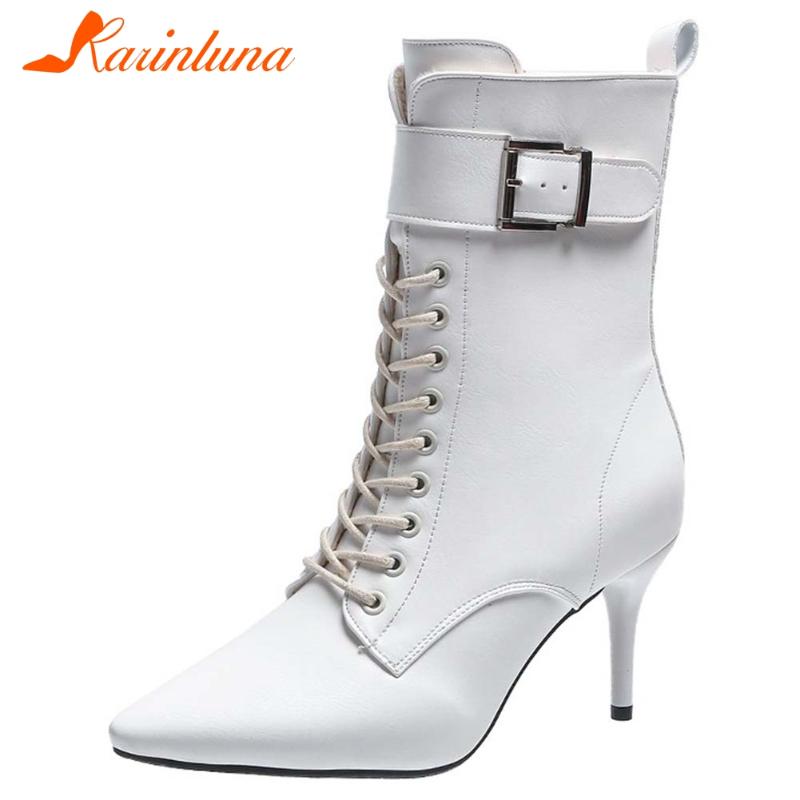 

Brand New Design Great Quality Hot Sale INS Women Shoes Leisure Buckles Pointed Toe Shoelace Spike Heels Ankle Boots Female, Black