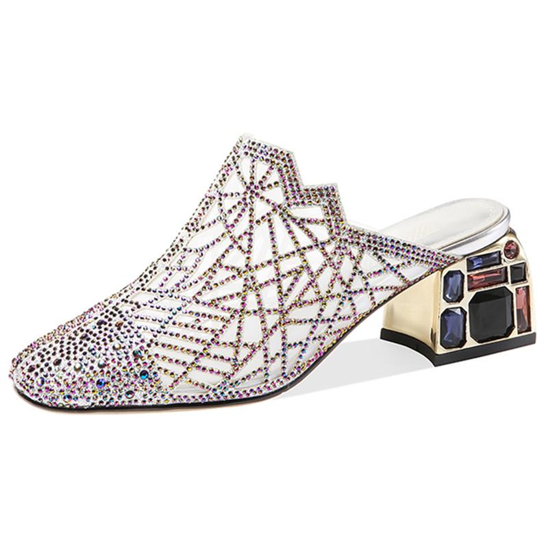

2021 Spring Summer New Women Mules Genuine Leather Square Toe High Heels Pumps With Crystal Party Dancing Shoes Woman, Black
