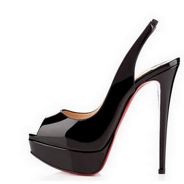 

Brand designer Mouth 14cm Red Bottom High Heels , Women Beige Black Patent Leather Platform Peep-toes Sandals ,Shiny Leather Slingback Shoes