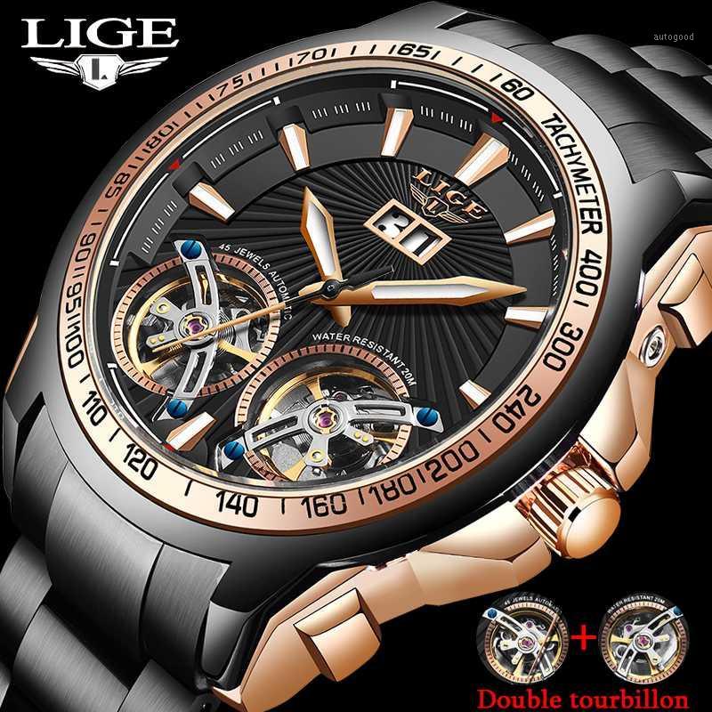

Wristwatches 2021 Men Watches LIGE High-End 100m Waterproof Mechanical Luxury Double Date Automatic Business Watch1, S gold blue