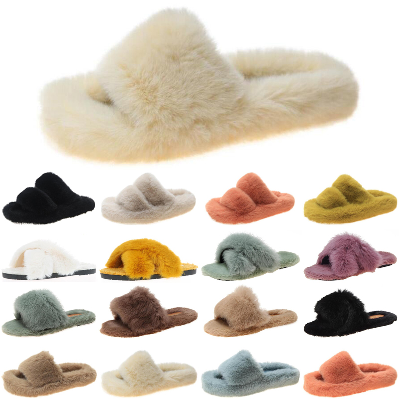 

cheap luxury women furry slides slippers winter womens fashion slide black fur slipper fluffy flat flip flops size 35-40