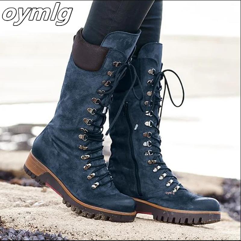 

Women's Mid-Calf Boots Retro Lace-Up Punk Round Toe Boots Outdoor Winter Snow Platform Side Zipper Non-slip Ladies, Grey