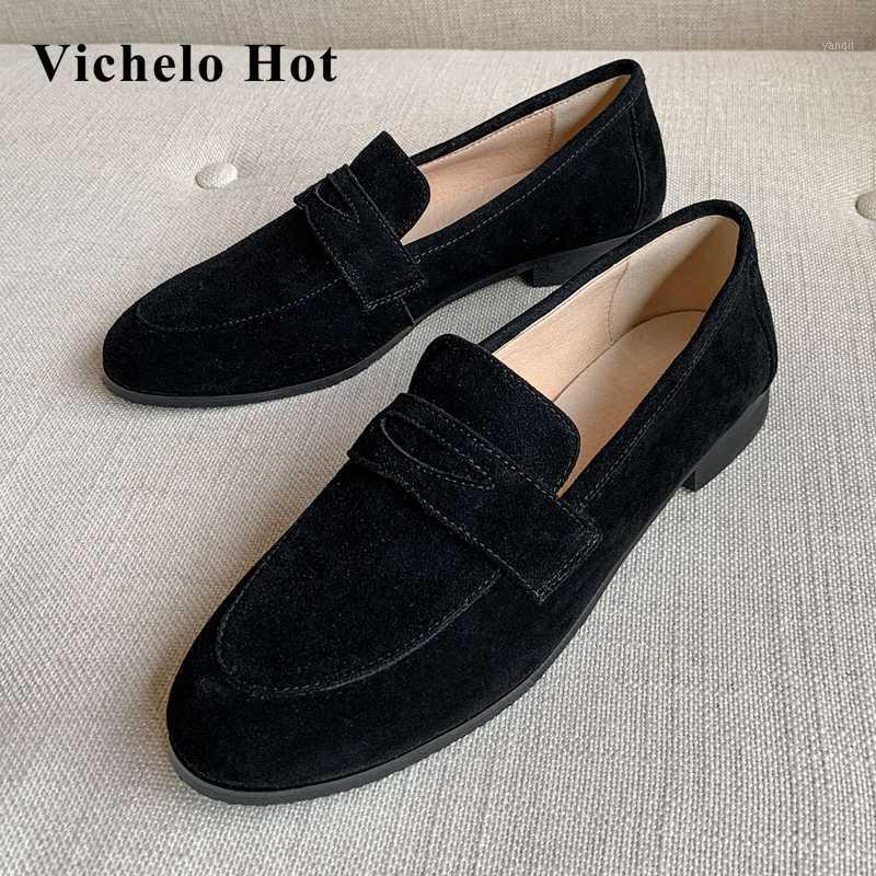 

Vichelo Hot sheep suede round toe low heel brand shoes simple style solid young lady streetwear fashion slip on women pumps L2f31, Black