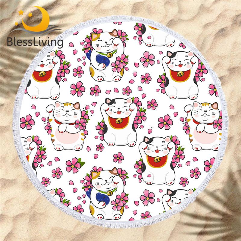 

BlessLiving Lucky Cat Beach Towel Japanese Round Bath Towel Cherry Blossoms Picnic Mat Blanket Lovely Welcoming Cat Beach Mat