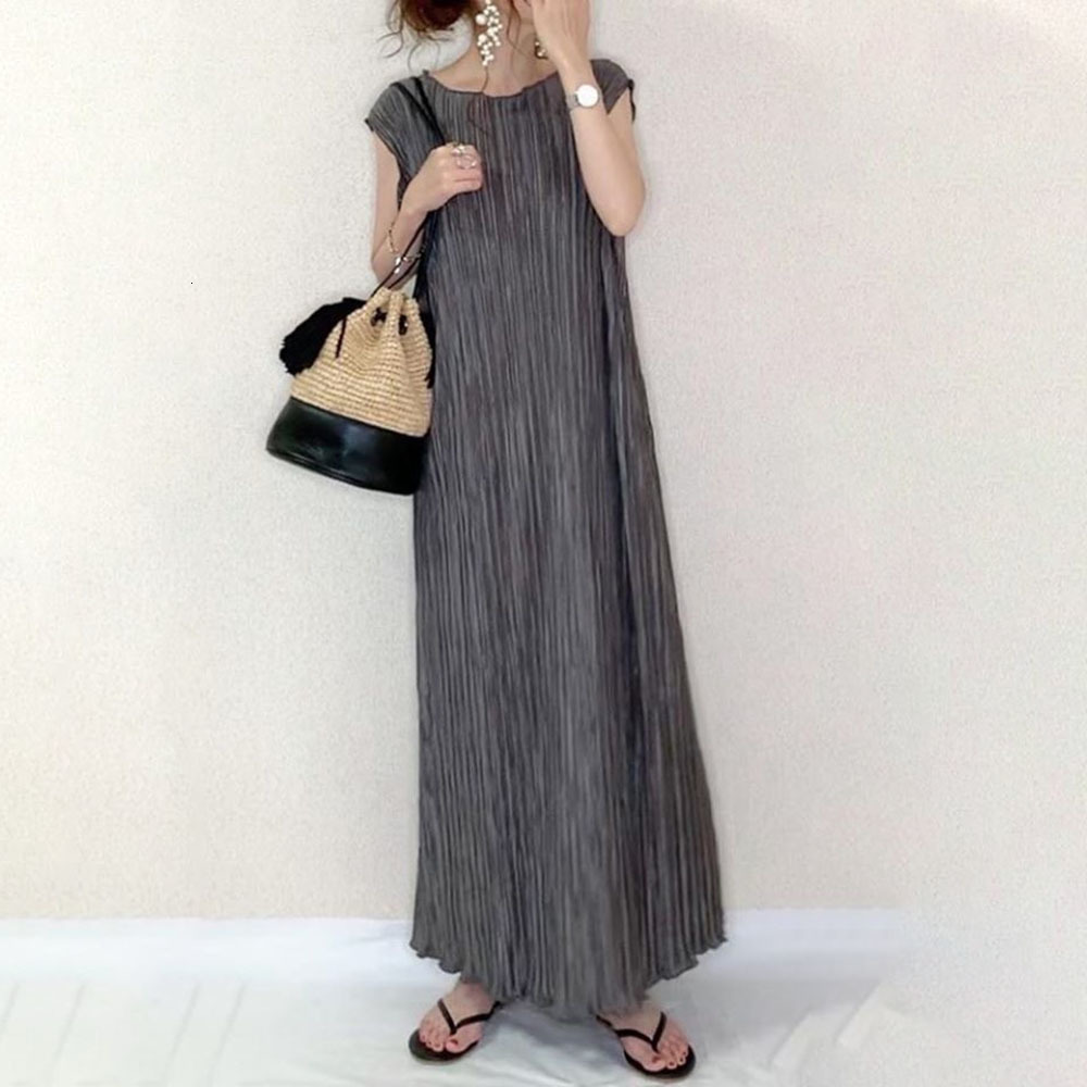 

2021 New Dark Grey Pleated Women Dress Summer Korean Janpan Daily Work Long Maxi Dresses Roobe Femme Vestiods CSMU, Gray