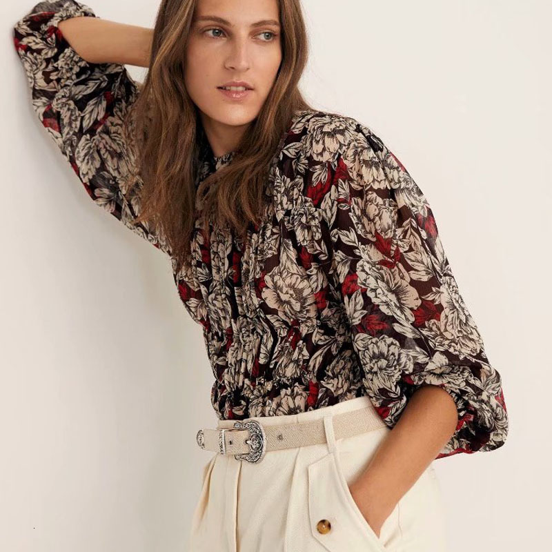 

2021 New Women Spring Autumn Lantern Sleeve O-neck Floral Printed Office Lady Fashion Short Tops Long Sleeves Outerwear 0w7c