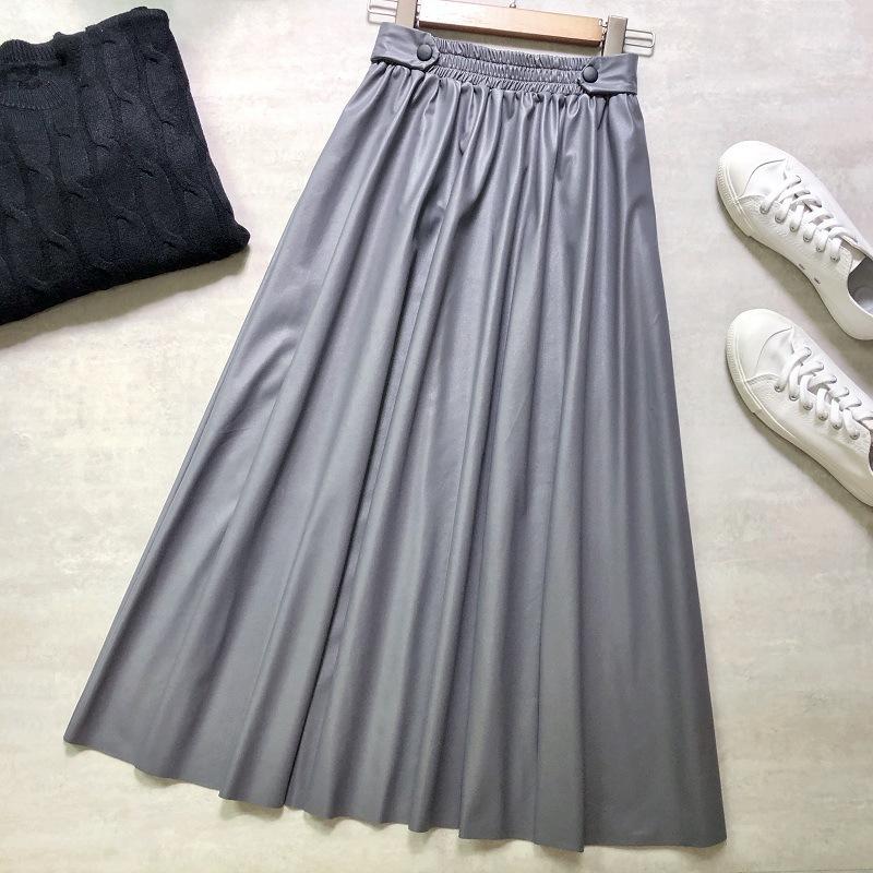 

2021 New Spring Autumn PU Faxu Leather Women's Long Skirts Buttons High Waist Vintage Umbrella Fashionable A-Line Skirts Female, Black