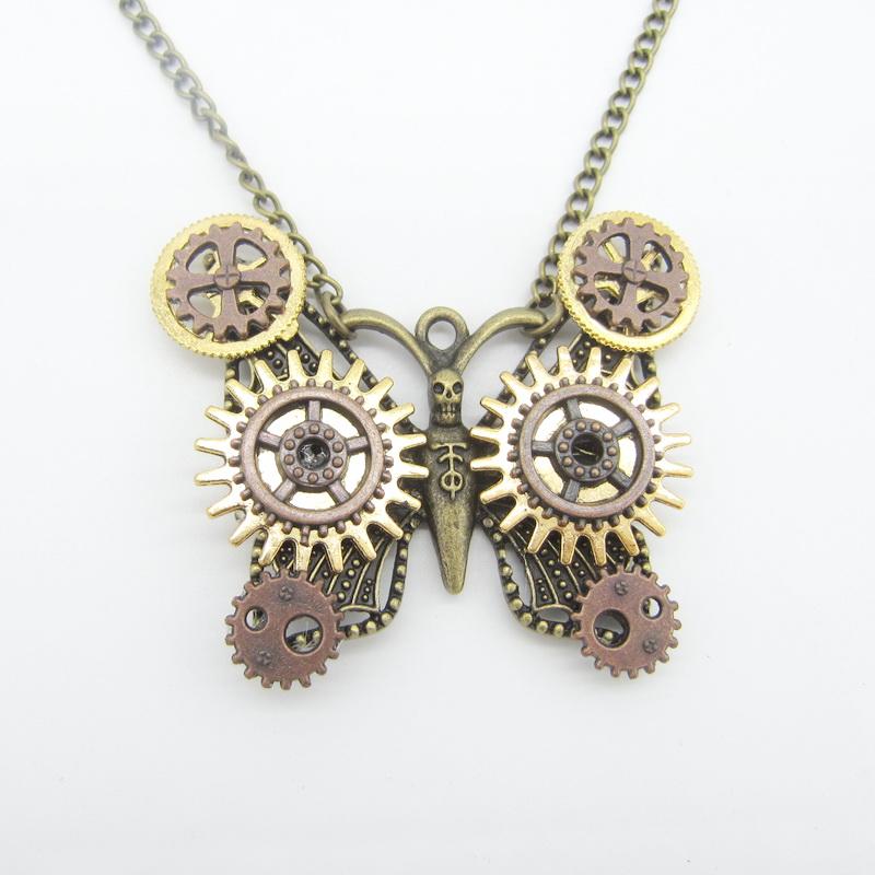 

Pendant Necklaces Cool Design Butterfly Skull With Gears Wing Retro Steampunk Necklace Jewelry
