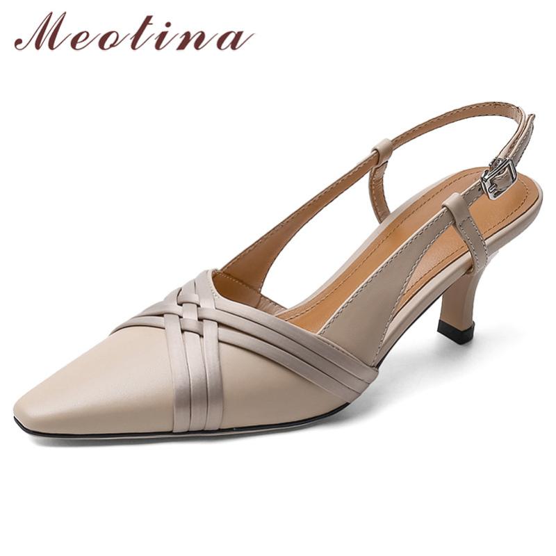 

Meotina High Heels Women Pumps Natural Genuine Leather Thin High Heel Slingbacks Shoes Real Leather Buckle Shoes Lady Size 33-40, Black