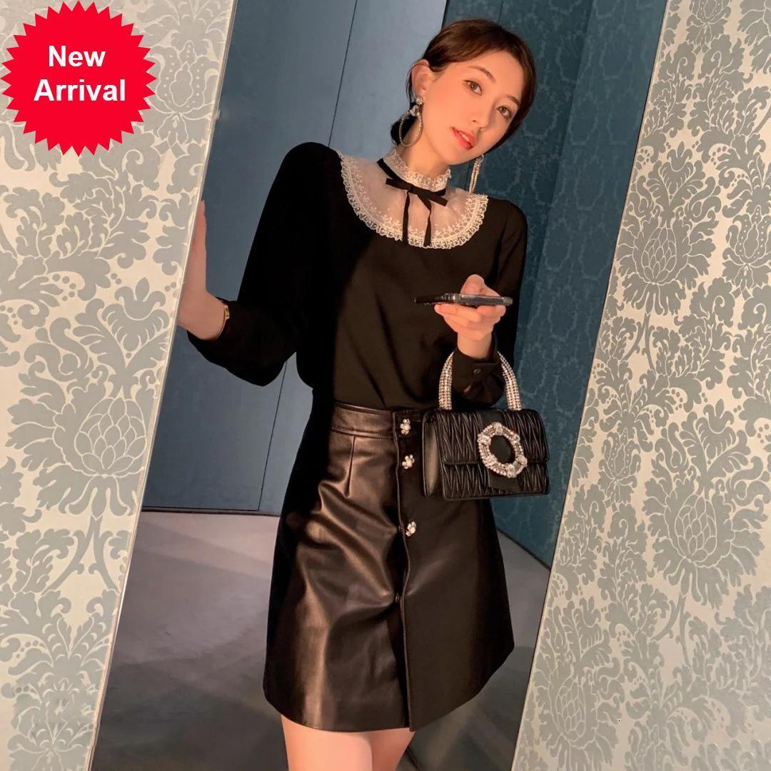 

New Autumn 2021 Fashion Frizzy Bow Sweet Shirt Organza Splicing Elegant Luxury Sexy Blouse Long-sleeved Black Female Upper Clothes WKLH, Beige