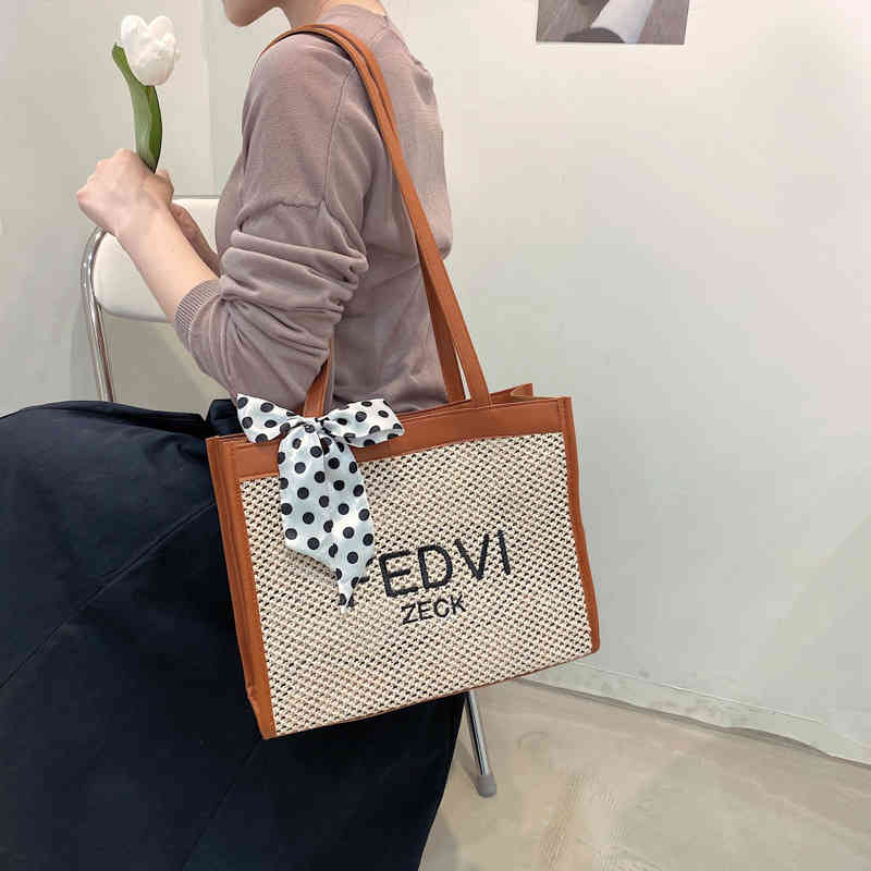 

exclusive Summer high-capacity BEACH STRAW BAG female new hand-held armpit bag embroidered signature Tote Bag, White