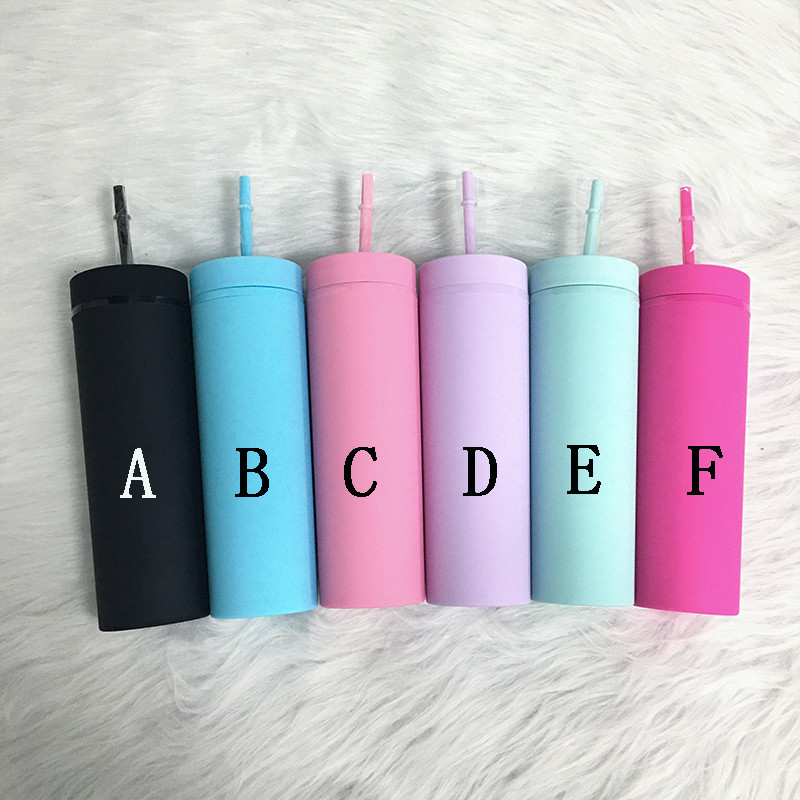 

16oz 6 Colors Acrylic Skinny Tumblers With Lid Straws Plastic Tumbler Insulated Portable Matte Coffee Cup For Gifts, As the pictures
