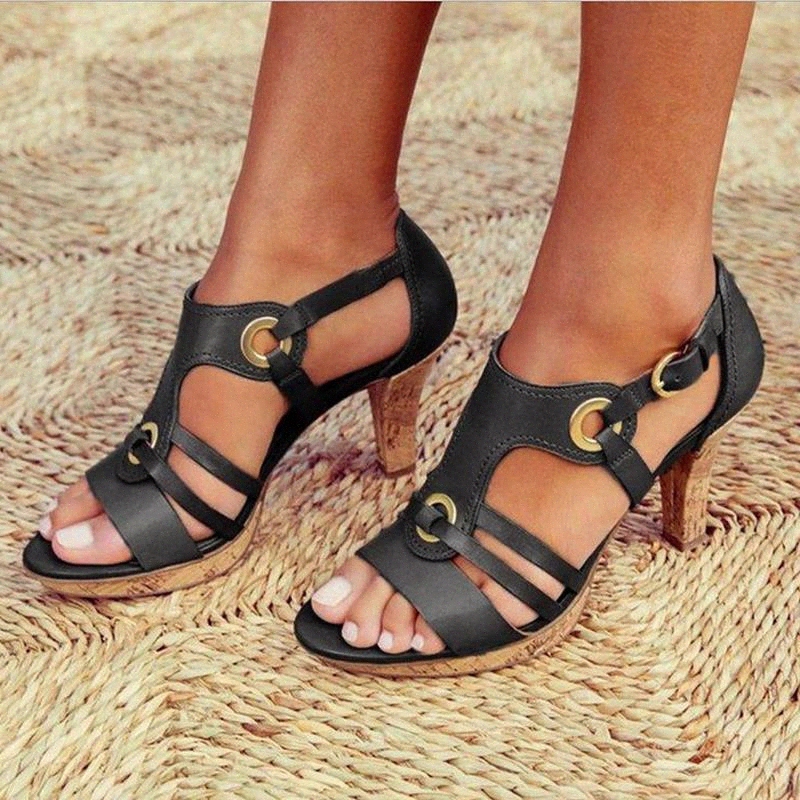 

New Style Elegant Strap Sandals Women 2020 Sandals Female Bohemian Style Summer Fashion High Heels Women's Shoes Footwea #IQ8C, Black