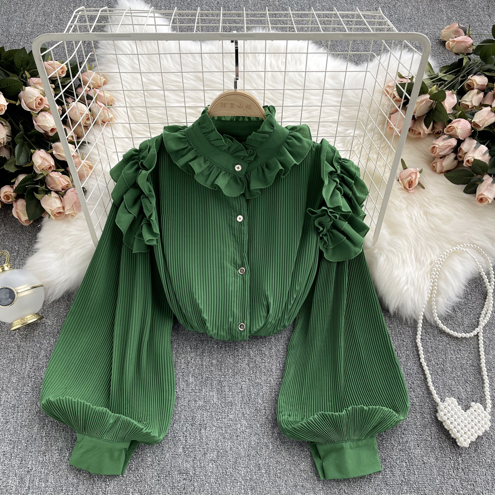 

Ladies Fungus Pleated Loose Tops Stand Neck Women's Blouses & Shirts Long Sleeve Solid Color Elegant Camisas Mujer Autumn Blouse 2022, Same as picture