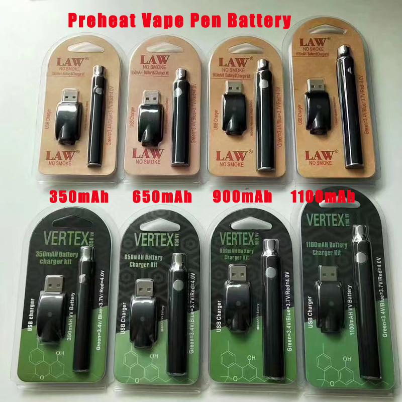 

Vertex LAW VV Battery USB Charger Kit 350 650 900 1100 mAh CO2 Oil Preheat Batteries E Cigarettes Vape Pen Fit 510 Atomizers Cartridges 2 Packagings
