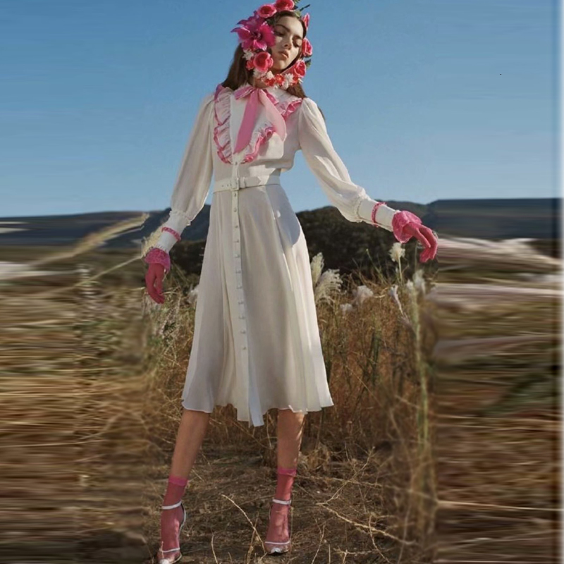 

Spring Track Ruffled Lasso Party Thin Fitting Belt Unique Breasted Chiffon Mid Length Dress High Quality Women's Clothing Gkto, Pink.