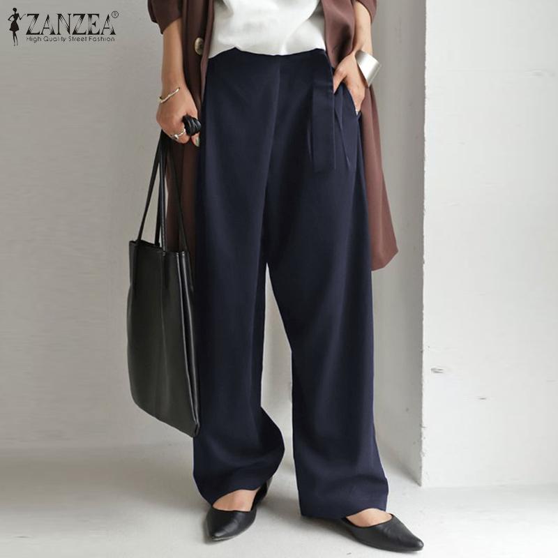 

ZANZEA Plus Size Women' Wide Leg Trousers 2020 Autumn Stylish Solid Pants Female Casual Button Turnip Belted Straight Pants 5XL, Black