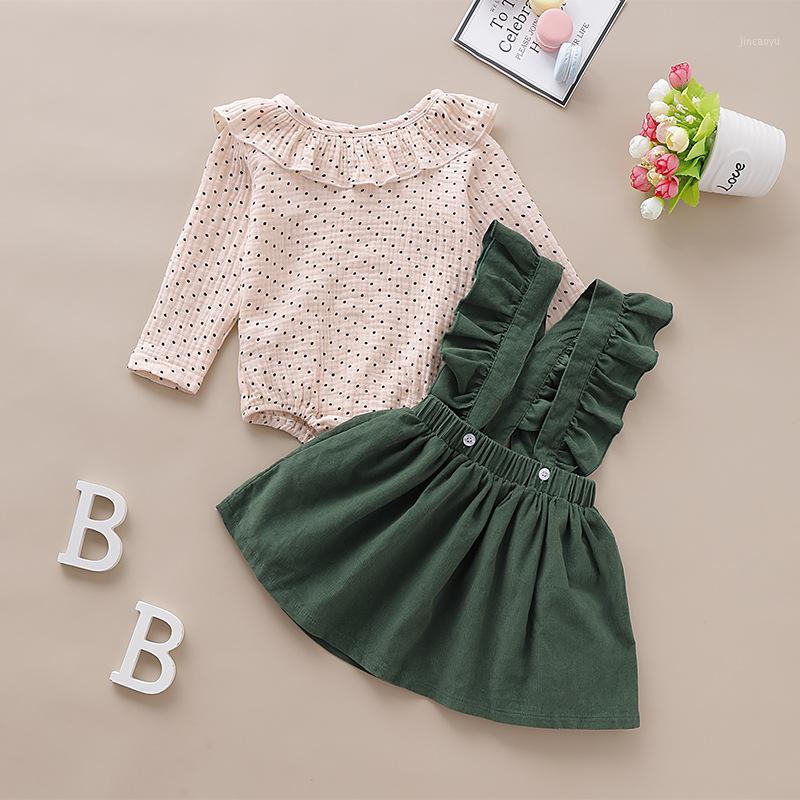 

2PCS Toddler Baby Girls Clothes Strap Kids Dresses For Girl Long Sleeve Bodysuit Tops Dots Outfits Set Babies Dresses 0-18M1, Green