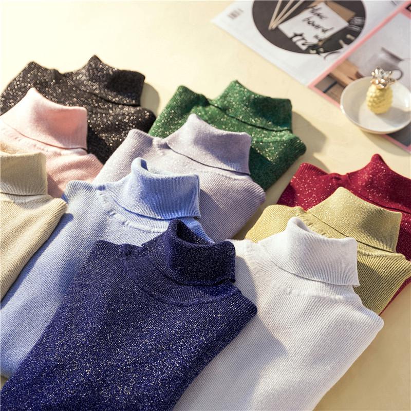 

Shiny Lurex Autumn Winter Turtleneck Sweater Women Pullover Jumper Basic Sweaters 2020 Korean Style Stretch Knit Tops, Black