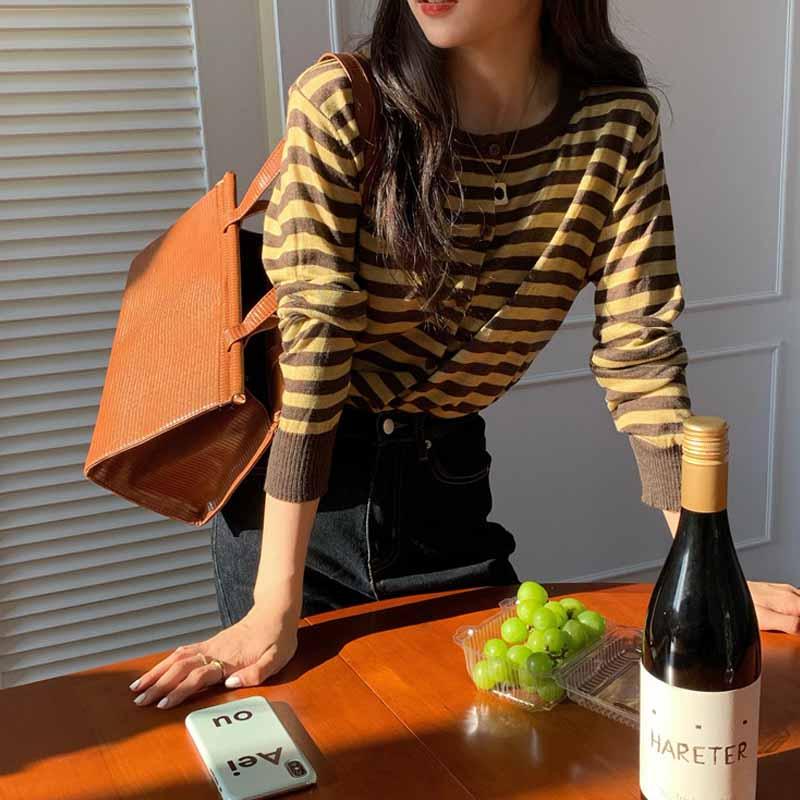 

Spring Autumn Striped Thin Knit Sweater Cardigan Women Female Loose Slim Soft Sweater Long Sleeve Knit Single-Breasted Chic Top, Gray