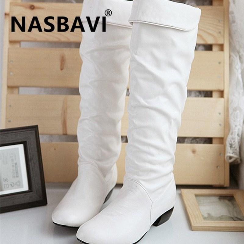 

2020 Women Leahter Knee High Boots Fashion Folding Slip on Winter High Boots Casual Low Heels White Black Long Slim Ladies, Brown