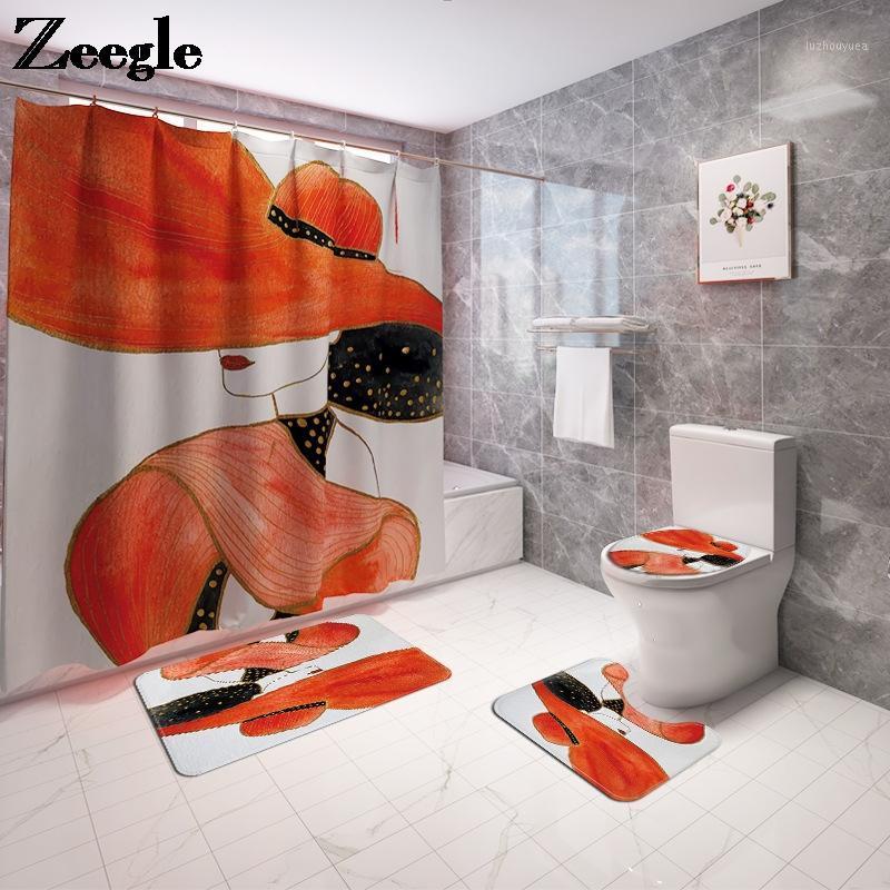 

Modern Style Woman Printed Bath Mat and Shower Curtain Set Anti Slip Bathroom Floor Mat Foot Set Microfiber Bath Carpet1