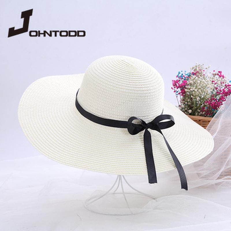 

Wide Brim Hats Summer Brand Women Big Ribbon Sun Hat Black Bow Beach Girls Outdoor Travel Floppy Straw UV Protection Panama