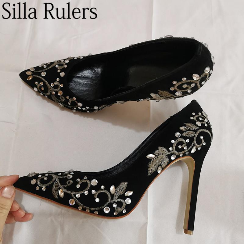 

Silla Rulers Sexy Black gold wire silver thread Embroidery high heel pumps shoes women pointed toe crystal Shallow mouth shoes