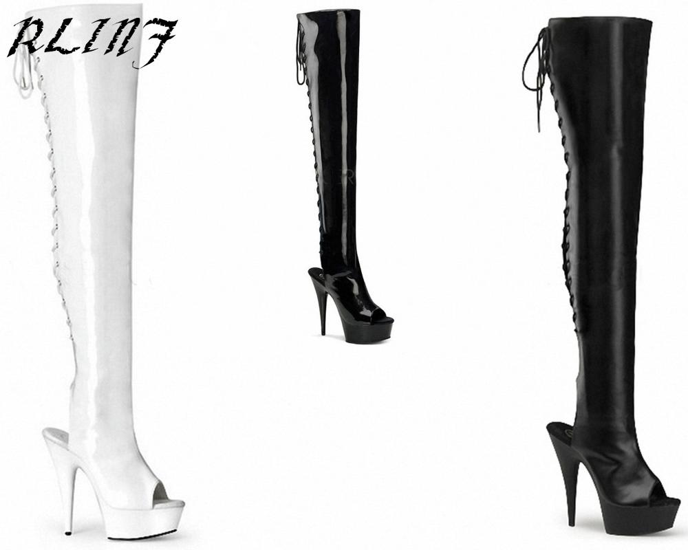 

Over The Knee Boots Patent Leather Black Fish Mouth Sandals Summer New Women's Super High Heels Lace Models with The Paragraph