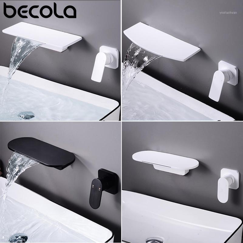 

BECOLA Modern Wall-Mount Mixer Tap Sink Faucet Mixer Waterfall Bath With Large Shelf Platform Matte Black&White Basin Faucet1