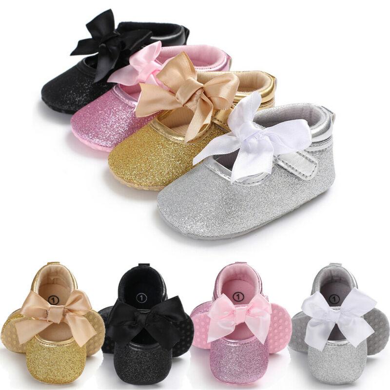 

2021 Baby First Walkers Toddler Kids Baby Girls PU Princess Bow Loving Heart Shoes Bowknot Lace Up Glitter Crib Sole Sneaker, Silver