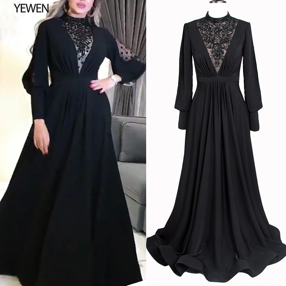 

Luxury 2020 Black Muslim Evening dress long sleeve elegant robe de soiree formal gownYeWen arabic prom dresses