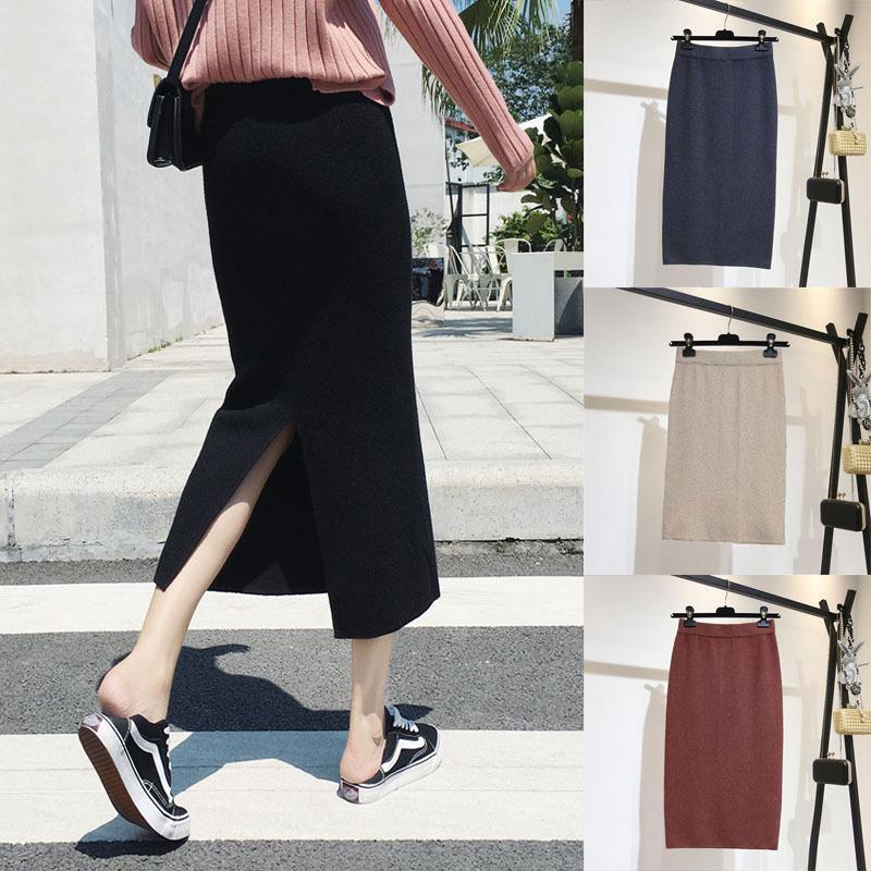 

Elastic Waist Knitted Autumn Winter Skirt Women Solid Split Fashion Casual Straight Mid-Calf Empire Skirts, Beige