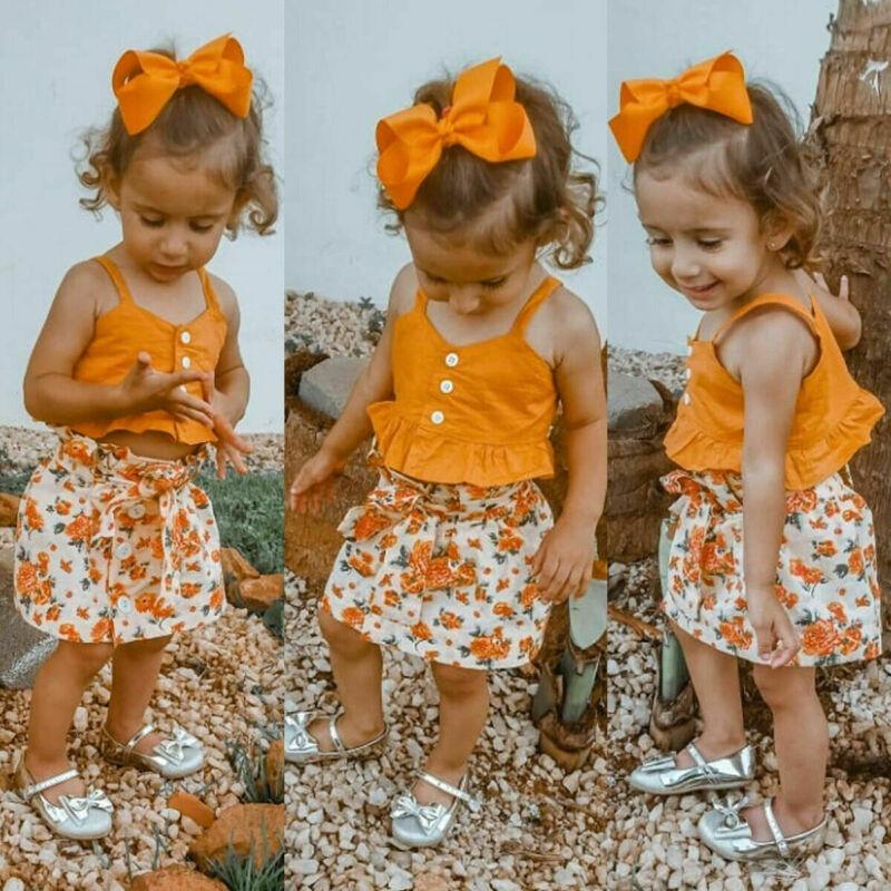 

2PCS Toddler Kids Baby Girls Summer Clothes Sling Tops+Skirt Dress Outfit Set, Yellow