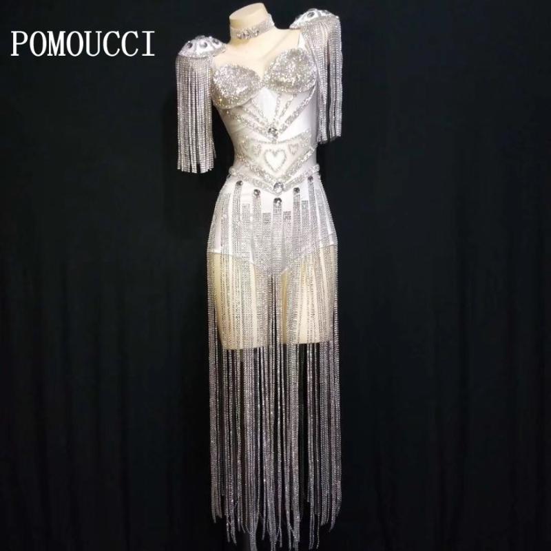 

Women New Black White Crystals Epaulet Sexy Bodysuit Sparkly Tassel Outfit Women Celebrate Costume Stage Party Singer Dance Wear, As pic