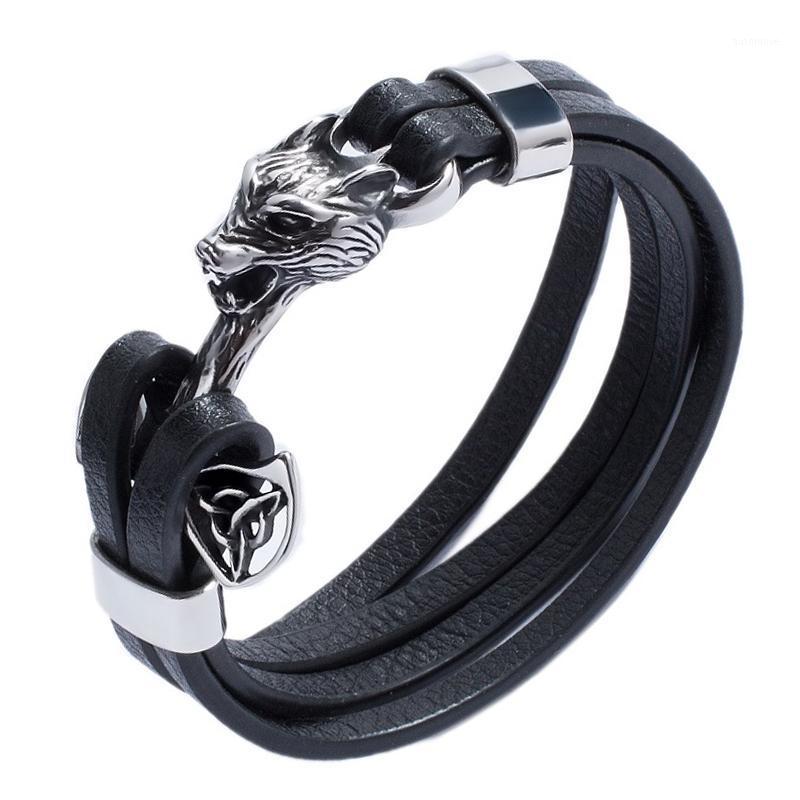 

Punk Black Leather Bangles Men Jewelry Stainless Steel Wolf Head Leather Wrap Bracelets Male Wrist Band Gifts 7801