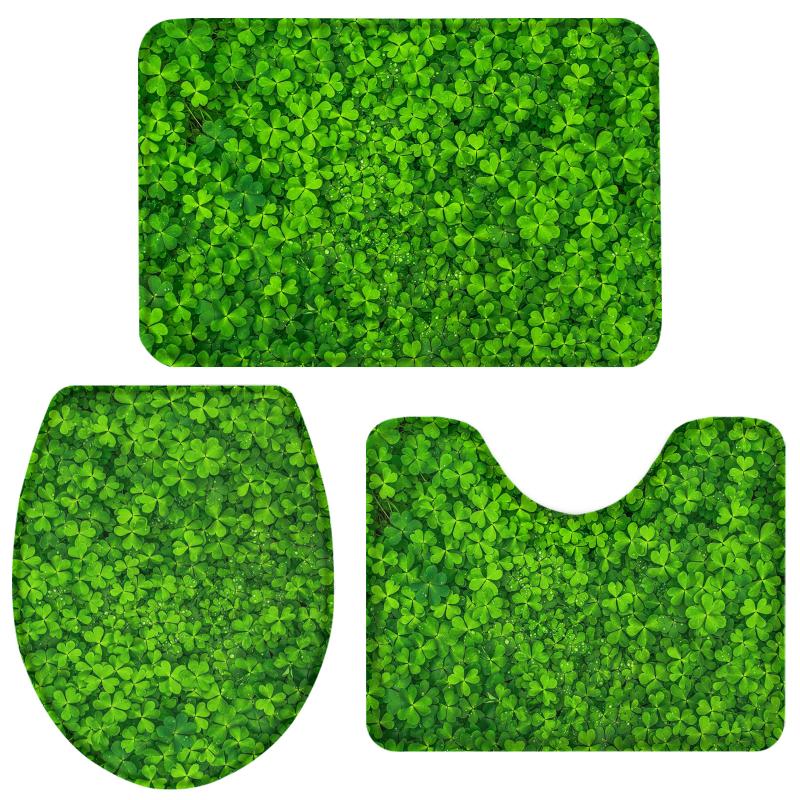 

Green Clover Bathroom Set Toilet Cover Mat Pedestal Rug Non-Slip Bathroom Accessories Set Home Doormat