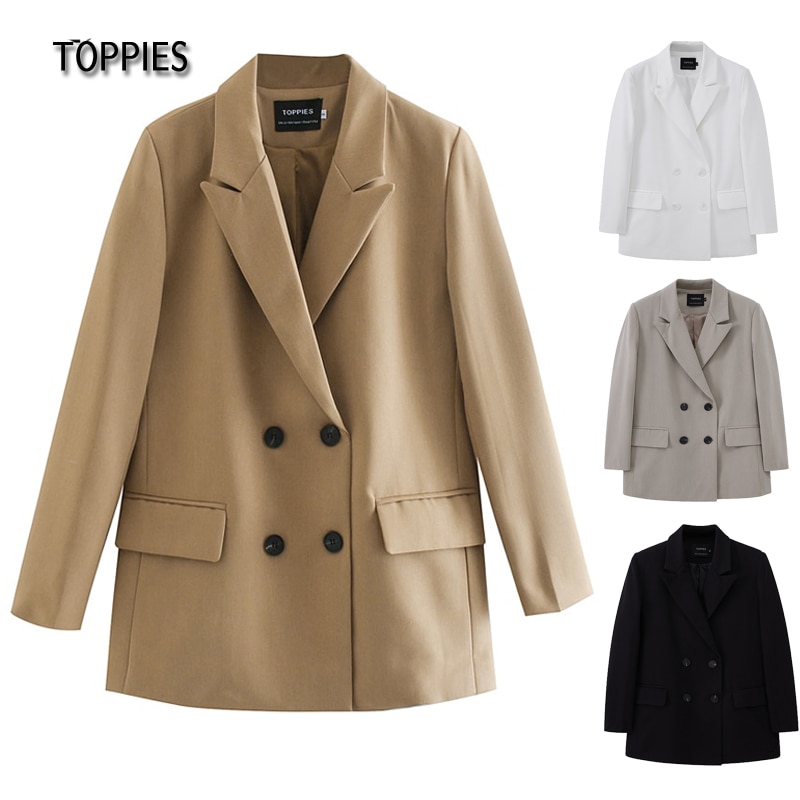 

TOPPIES 2021 Womens Long Blazer Double Breasted Suit Jaet Loose Oversize Coat Solid Color Formal Blazer, Light coffee