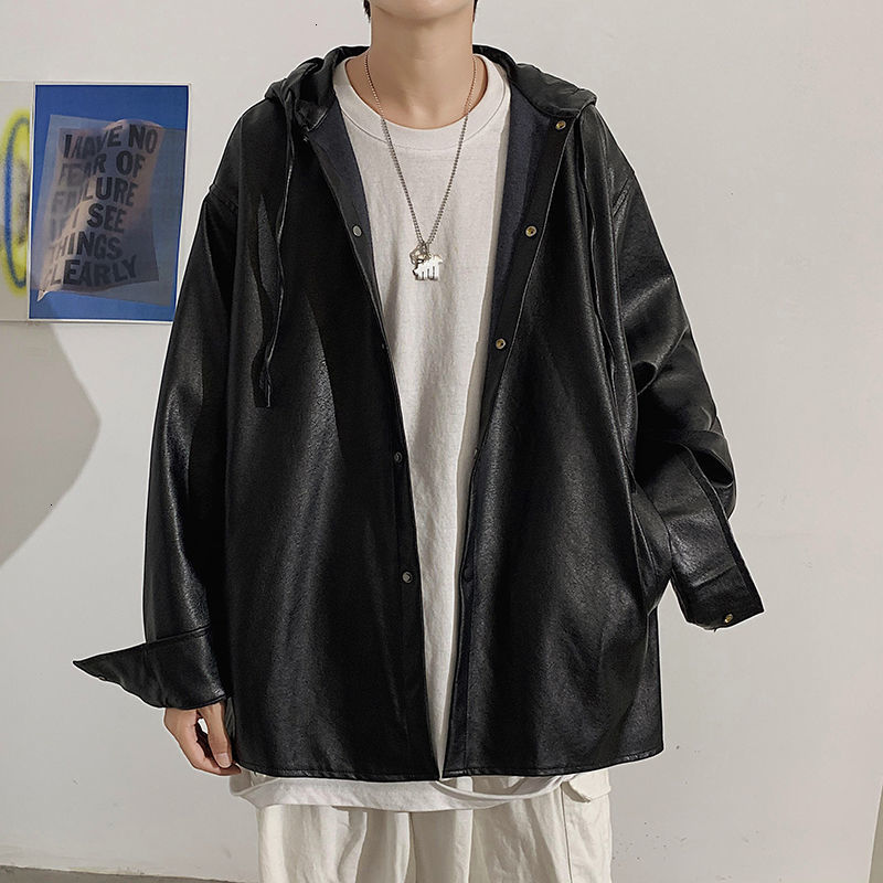 

Men's Autumn 2021 New Lean Pure Colour Leather Shirt Long Youth U46J, Black