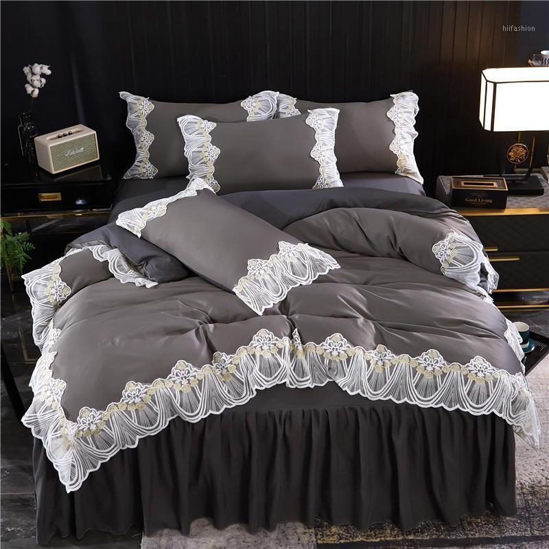 

4Pcs Washed silk embroidery Princess style bedding sets queen king size duvet cover set bed skirt set pillowcase bedclothes.1