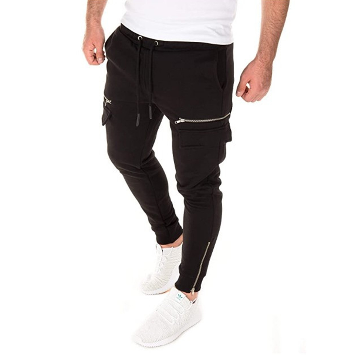 

Autumn Men Solid Drawstring Tie Elastic Waist Spots Pants 2020 New Fashion Zipper Polyester Slit Legs For Boys Black/Green/Grey