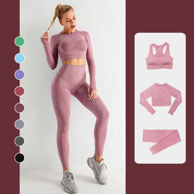 

3pcs Yoga Set Seamless Gym Sport Set Women Fitness Workout Clothes For Women Long Sleeve Crop Top + Sports Bra +Leggings, 2pcs dark grey set-2