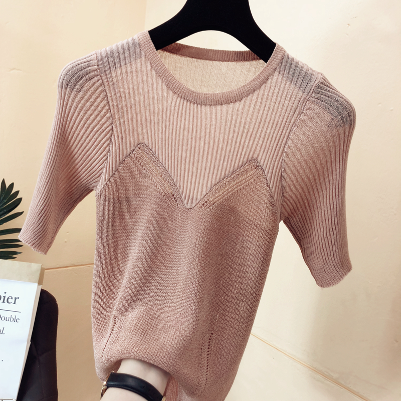 

2021 New Bandeau stitching glitter silk bright Korean women's round neck short-sleeved western-style bottoming shirt G0LN, Khaki