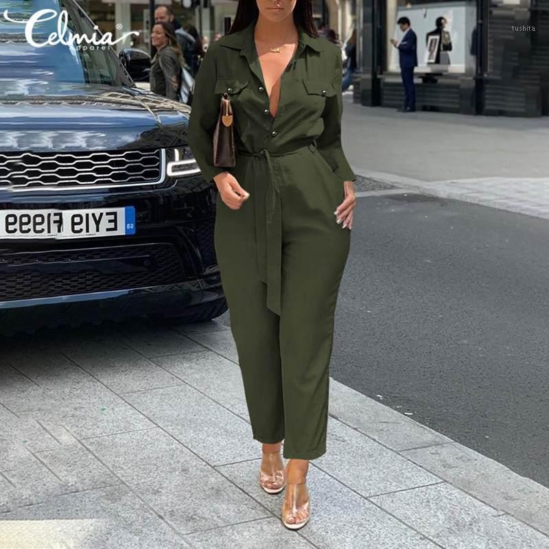 

Casual 5XL Jumpsuits Celmia Sexy Lepel Solid Playsuits Autumn Long Sleeve Womens Pockets Sashes Buttons Trousers Rompers Mujer1, Beige