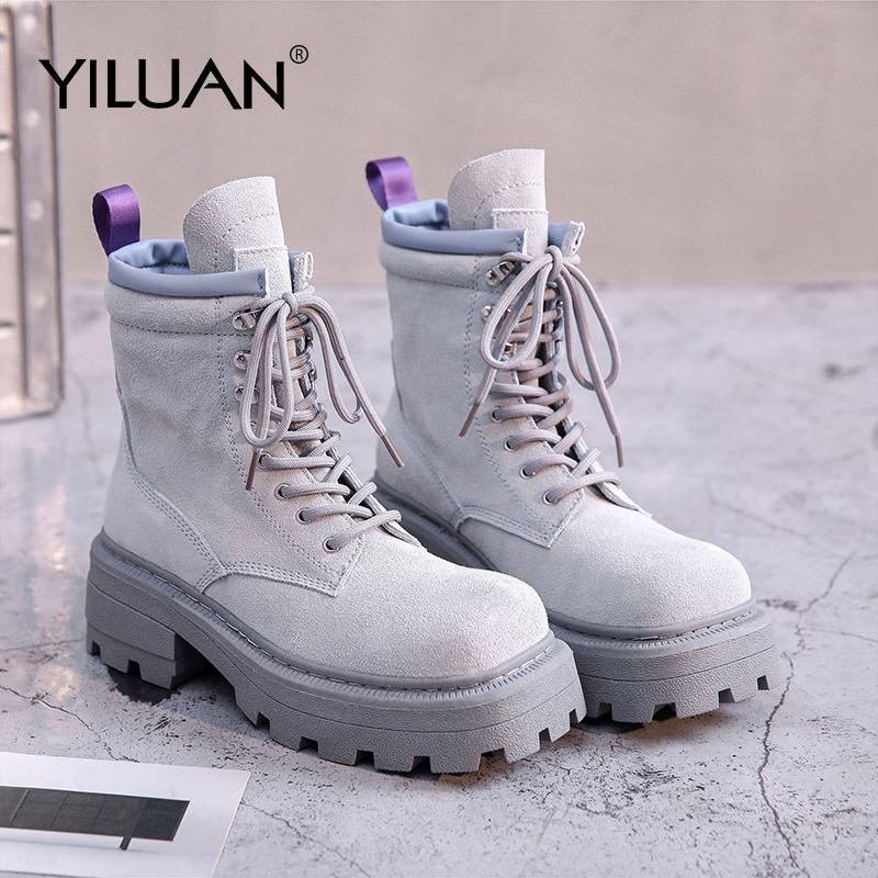 

YILUAN Leather Platform Boots Women Retro Wild Handsome Thick-heeled Student Boots Increase Locomotive Short Woman, Black