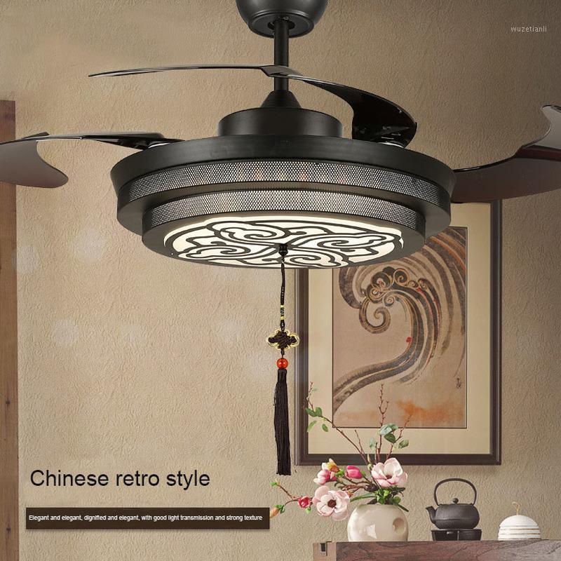 

Chinese Retro Invisible Ceiling Fan Light Black Wrought Iron Fan Light Living Frequency Conversion Lamp Electric1